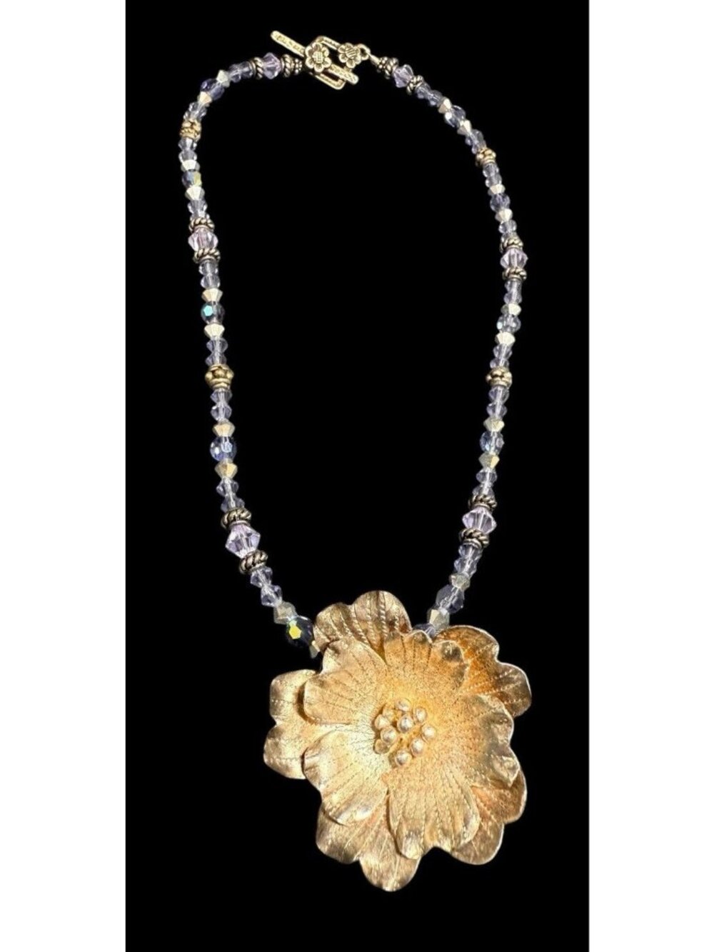 Vintage Sterling Silver Dogwood Flower Pendant AB Glass Necklace 14.5” Choker